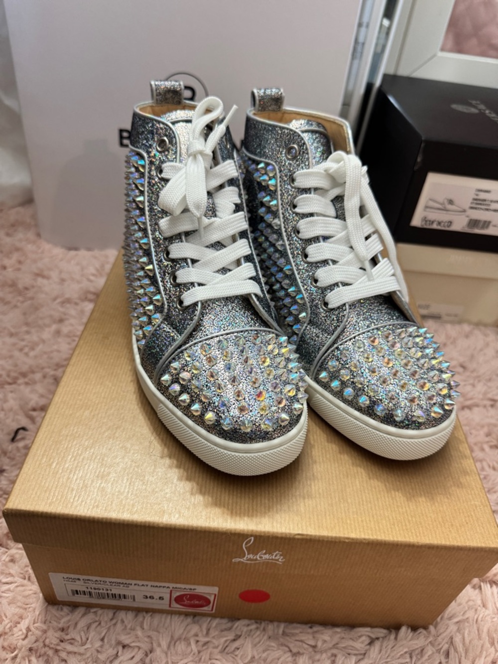 Christian Louboutin Silver Crystal-Studded High-Top Sneakers - Picture 2 of 3